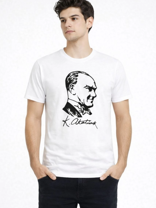 Erkek Atatürk Baskılı Tişört Kısa Kollu Bisiklet Yaka T-shirt - Beyaz