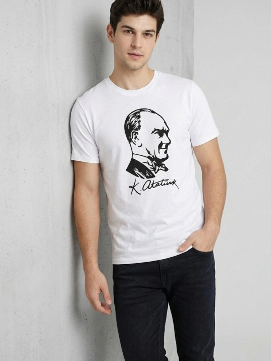 Erkek Atatürk Baskılı Tişört Kısa Kollu Bisiklet Yaka T-shirt - Beyaz