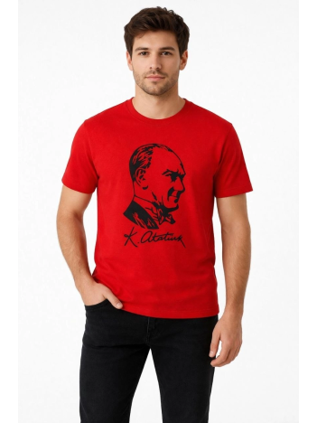Erkek Atatürk Baskılı Tişört Kısa Kollu Bisiklet Yaka T-shirt - Kırmızı