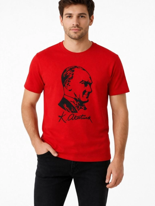 Erkek Atatürk Baskılı Tişört Kısa Kollu Bisiklet Yaka T-shirt - Kırmızı
