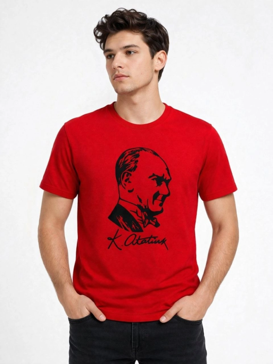 Erkek Atatürk Baskılı Tişört Kısa Kollu Bisiklet Yaka T-shirt - Kırmızı