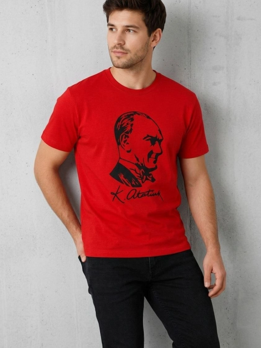 Erkek Atatürk Baskılı Tişört Kısa Kollu Bisiklet Yaka T-shirt - Kırmızı