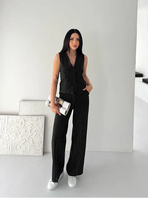 Kadın Çizgili Tansel Kumaş Yelek Pantolon İkili Takım Ofis Şık Modern - Siyah