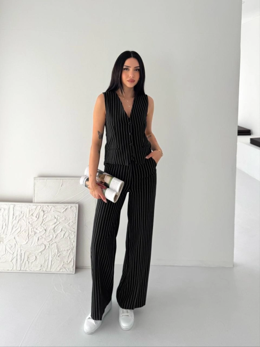 Kadın Çizgili Tansel Kumaş Yelek Pantolon İkili Takım Ofis Şık Modern - Siyah