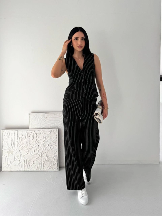 Kadın Çizgili Tansel Kumaş Yelek Pantolon İkili Takım Ofis Şık Modern - Siyah