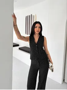 Kadın Çizgili Tansel Kumaş Yelek Pantolon İkili Takım Ofis Şık Modern - Siyah