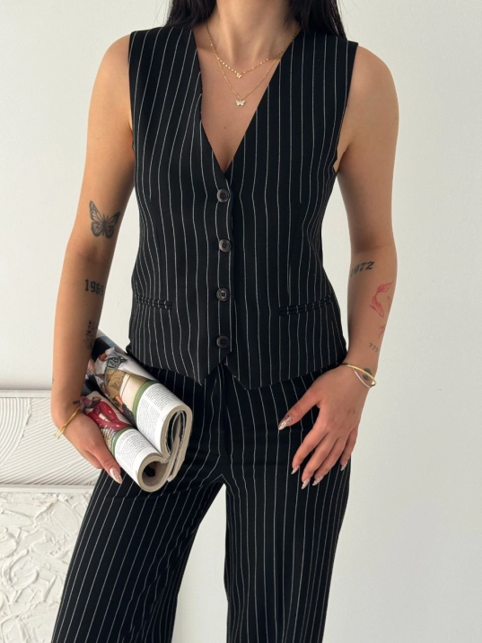 Kadın Çizgili Tansel Kumaş Yelek Pantolon İkili Takım Ofis Şık Modern - Siyah