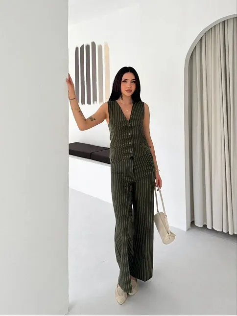 Kadın Çizgili Tansel Kumaş Yelek Pantolon İkili Takım Ofis Şık Modern - Haki