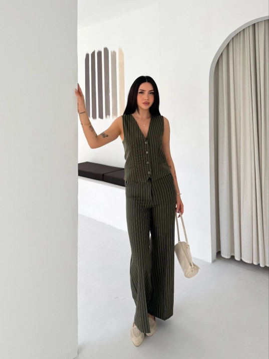 Kadın Çizgili Tansel Kumaş Yelek Pantolon İkili Takım Ofis Şık Modern - Haki