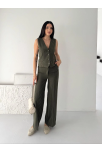 Kadın Çizgili Tansel Kumaş Yelek Pantolon İkili Takım Ofis Şık Modern - Haki