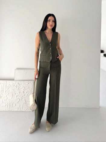 Kadın Çizgili Tansel Kumaş Yelek Pantolon İkili Takım Ofis Şık Modern - Haki Kadın Çizgili Tansel Kumaş Yelek Pantolon İkili Takım Ofis Şık Modern - Haki