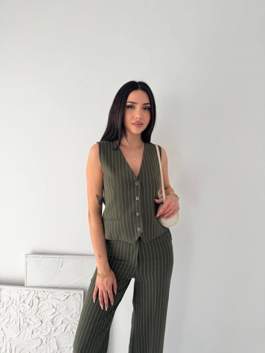 Kadın Çizgili Tansel Kumaş Yelek Pantolon İkili Takım Ofis Şık Modern - Haki