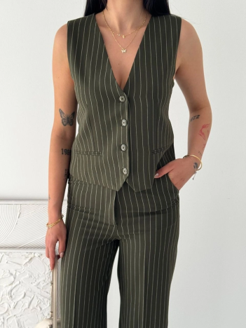Kadın Çizgili Tansel Kumaş Yelek Pantolon İkili Takım Ofis Şık Modern - Haki