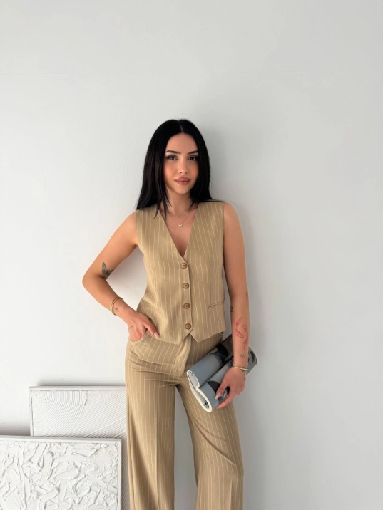 Kadın Çizgili Tansel Kumaş Yelek Pantolon İkili Takım Ofis Şık Modern - Bej
