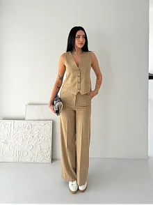 Kadın Çizgili Tansel Kumaş Yelek Pantolon İkili Takım Ofis Şık Modern - Bej