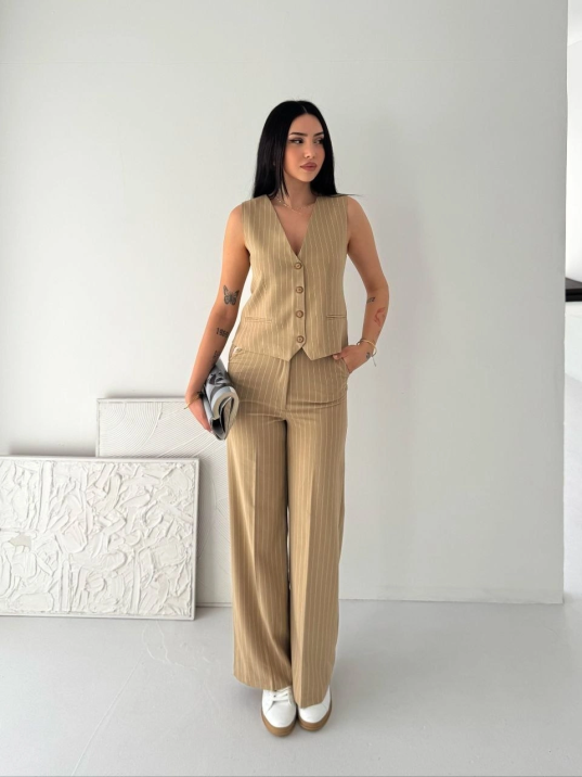 Kadın Çizgili Tansel Kumaş Yelek Pantolon İkili Takım Ofis Şık Modern - Bej