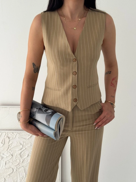 Kadın Çizgili Tansel Kumaş Yelek Pantolon İkili Takım Ofis Şık Modern - Bej