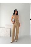 Kadın Çizgili Tansel Kumaş Yelek Pantolon İkili Takım Ofis Şık Modern - Bej