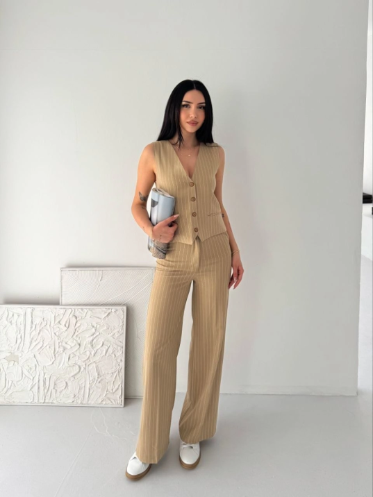 Kadın Çizgili Tansel Kumaş Yelek Pantolon İkili Takım Ofis Şık Modern - Bej