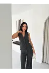 Kadın Çizgili Tansel Kumaş Yelek Pantolon İkili Takım Ofis Şık Modern - Füme
