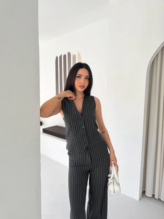 Kadın Çizgili Tansel Kumaş Yelek Pantolon İkili Takım Ofis Şık Modern - Füme