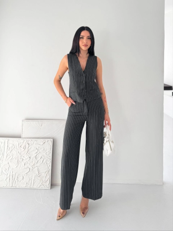 Kadın Çizgili Tansel Kumaş Yelek Pantolon İkili Takım Ofis Şık Modern - Füme Kadın Çizgili Tansel Kumaş Yelek Pantolon İkili Takım Ofis Şık Modern - Füme