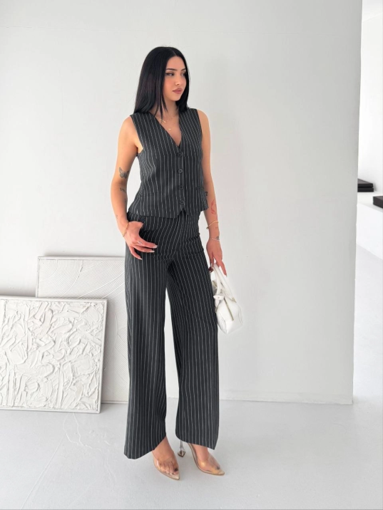 Kadın Çizgili Tansel Kumaş Yelek Pantolon İkili Takım Ofis Şık Modern - Füme