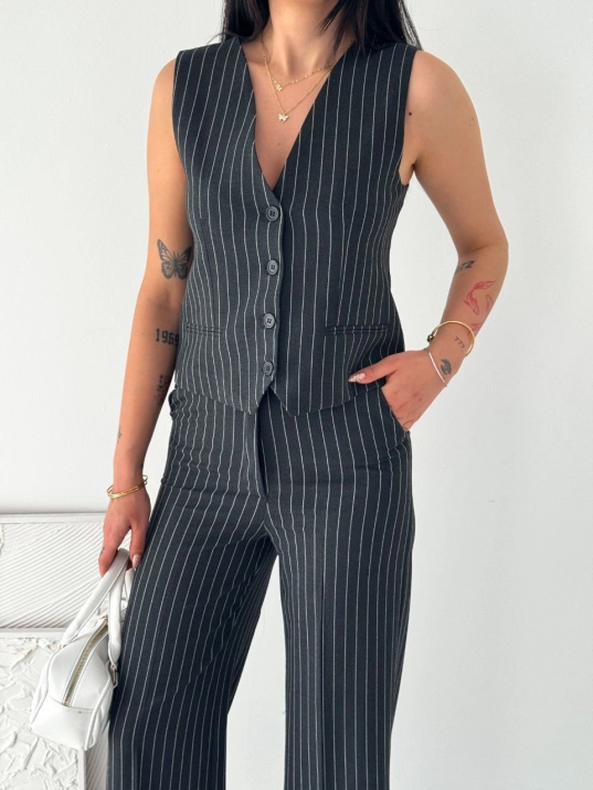 Kadın Çizgili Tansel Kumaş Yelek Pantolon İkili Takım Ofis Şık Modern - Füme