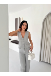 Kadın Çizgili Tansel Kumaş Yelek Pantolon İkili Takım Ofis Şık Modern - Gri