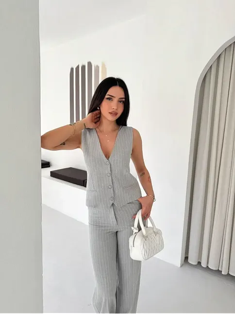Kadın Çizgili Tansel Kumaş Yelek Pantolon İkili Takım Ofis Şık Modern - Gri