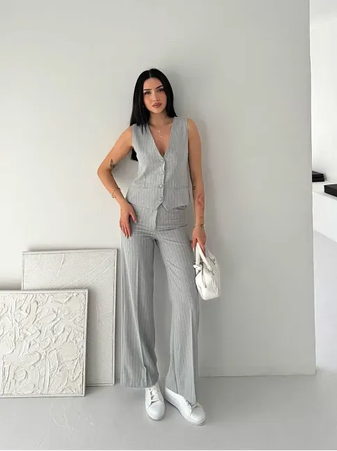 Kadın Çizgili Tansel Kumaş Yelek Pantolon İkili Takım Ofis Şık Modern - Gri