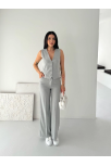 Kadın Çizgili Tansel Kumaş Yelek Pantolon İkili Takım Ofis Şık Modern - Gri