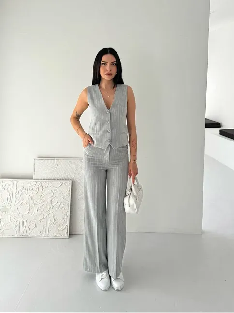 Kadın Çizgili Tansel Kumaş Yelek Pantolon İkili Takım Ofis Şık Modern - Gri