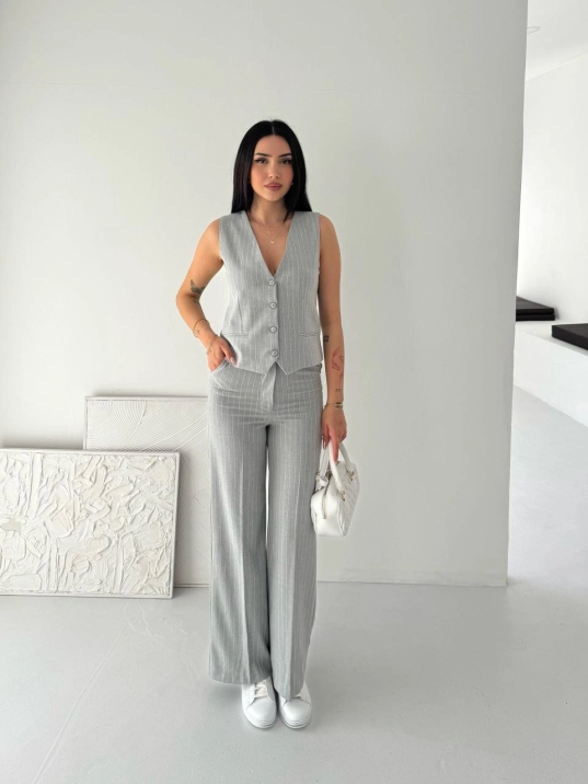 Kadın Çizgili Tansel Kumaş Yelek Pantolon İkili Takım Ofis Şık Modern - Gri