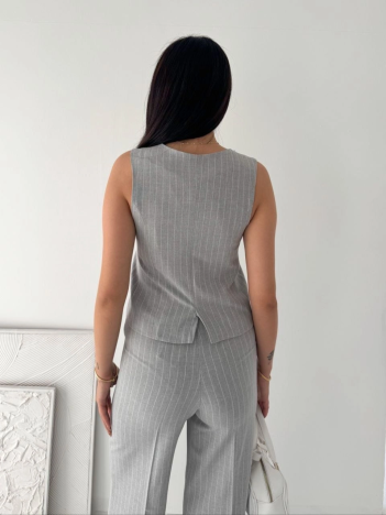 Kadın Çizgili Tansel Kumaş Yelek Pantolon İkili Takım Ofis Şık Modern - Gri Kadın Çizgili Tansel Kumaş Yelek Pantolon İkili Takım Ofis Şık Modern - Gri