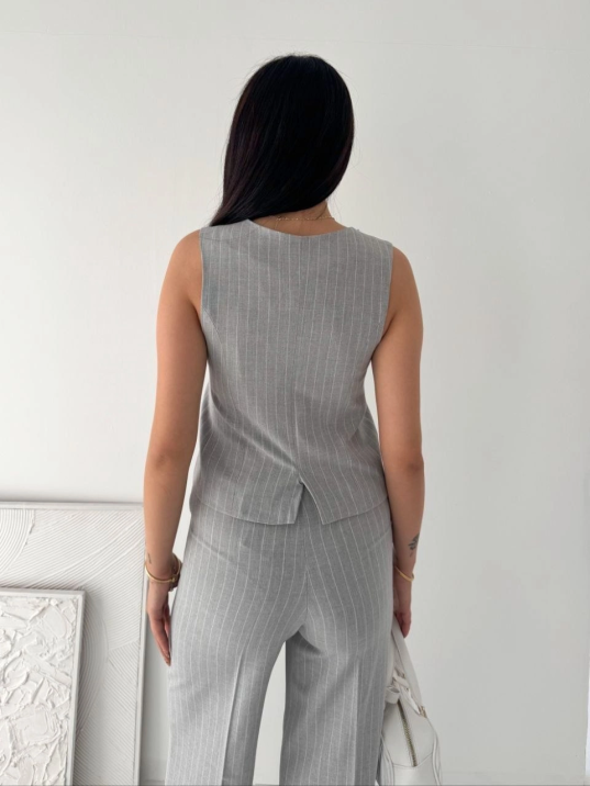 Kadın Çizgili Tansel Kumaş Yelek Pantolon İkili Takım Ofis Şık Modern - Gri