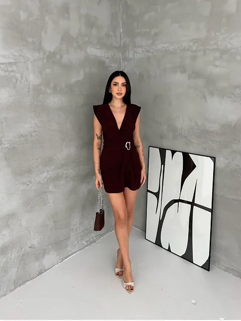 Kadın Kruvaze Drapeli Tokalı Mini Elbise Şık Gece Davet Abiye - Kahverengi