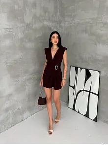 Kadın Kruvaze Drapeli Tokalı Mini Elbise Şık Gece Davet Abiye - Kahverengi