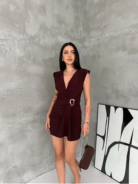 Kadın Kruvaze Drapeli Tokalı Mini Elbise Şık Gece Davet Abiye - Kahverengi