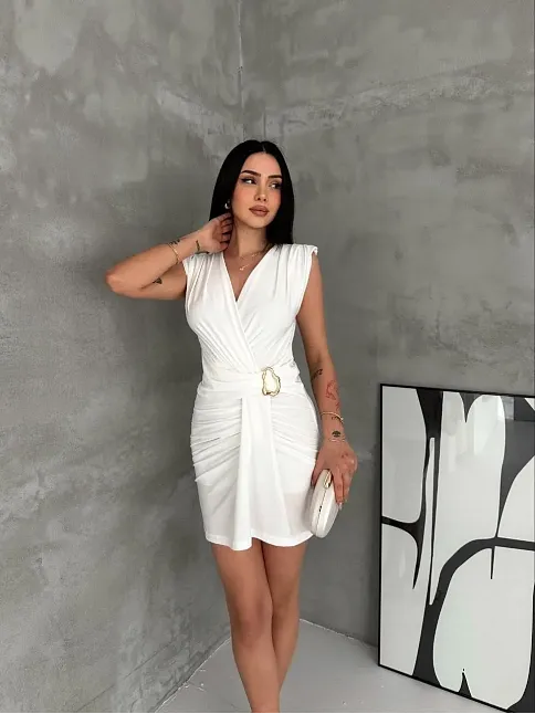 Kadın Kruvaze Drapeli Tokalı Mini Elbise Şık Gece Davet Abiye - Beyaz