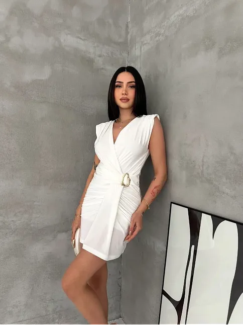 Kadın Kruvaze Drapeli Tokalı Mini Elbise Şık Gece Davet Abiye - Beyaz