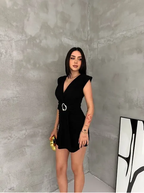 Kadın Kruvaze Drapeli Tokalı Mini Elbise Şık Gece Davet Abiye - Siyah