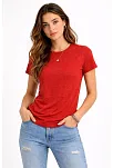 Kadın Flam Kumaş Melanj Dokulu Regular Fit Tişört Bisiklet Yaka Yazlık T-shirt - Kiremit