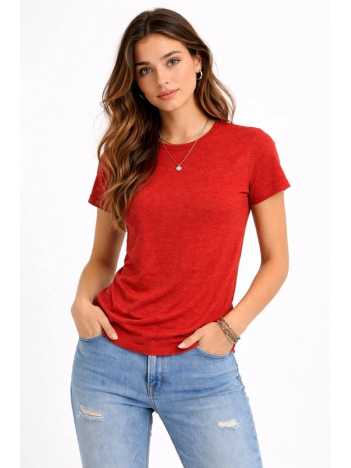 Kadın Flam Kumaş Melanj Dokulu Regular Fit Tişört Bisiklet Yaka Yazlık T-shirt - Kiremit