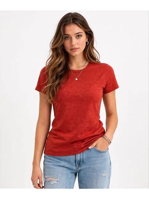 Kadın Flam Kumaş Melanj Dokulu Regular Fit Tişört Bisiklet Yaka Yazlık T-shirt - Kiremit