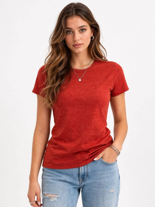 Kadın Flam Kumaş Melanj Dokulu Regular Fit Tişört Bisiklet Yaka Yazlık T-shirt - Kiremit