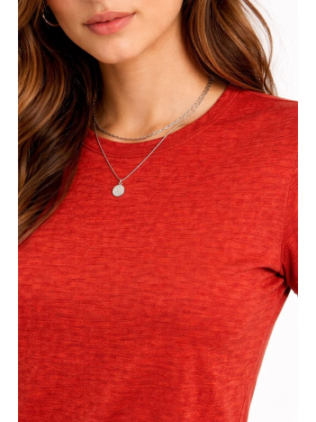 Kadın Flam Kumaş Melanj Dokulu Regular Fit Tişört Bisiklet Yaka Yazlık T-shirt - Kiremit Kadın Flam Kumaş Melanj Dokulu Regular Fit Tişört Bisiklet Yaka Yazlık T-shirt - Kiremit