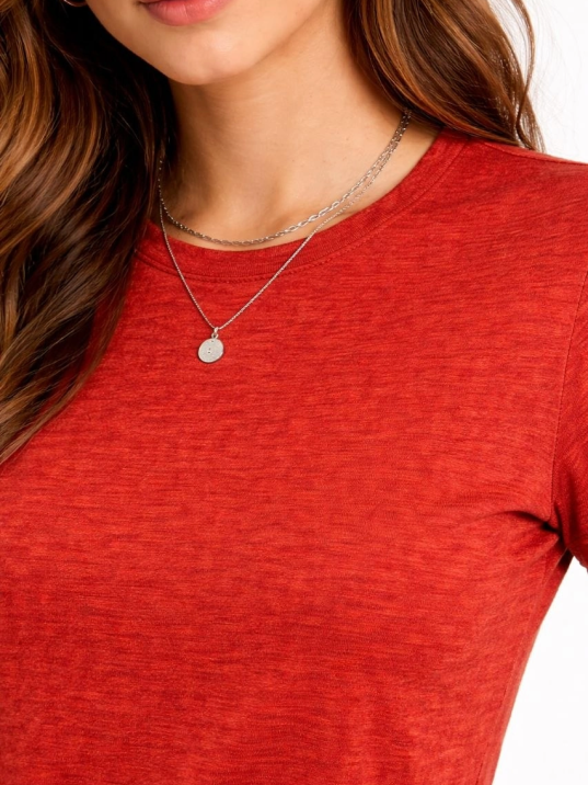 Kadın Flam Kumaş Melanj Dokulu Regular Fit Tişört Bisiklet Yaka Yazlık T-shirt - Kiremit