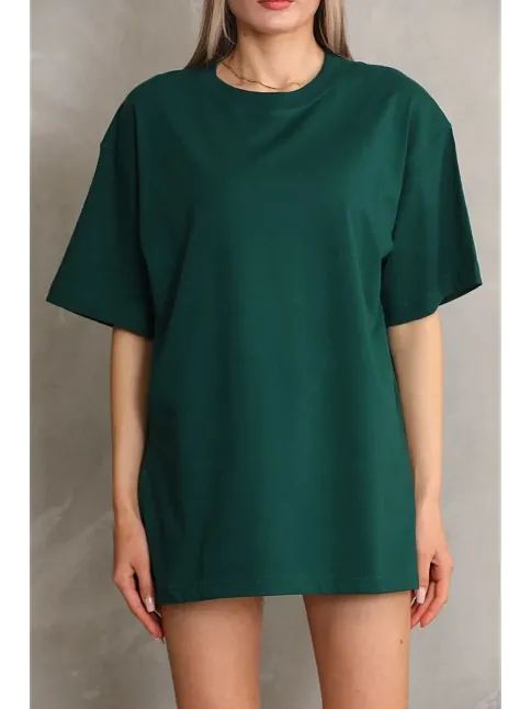 Kadın Regular Fit Tişört Bisiklet Yaka Yazlık Kısa Kol Basıc T-shirt - Yeşil