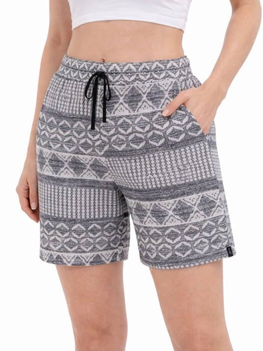Kadın Etnik Desenli Dokuma Şort Lastikli Bel Bağcıklı Cepli Yazlık - Gri